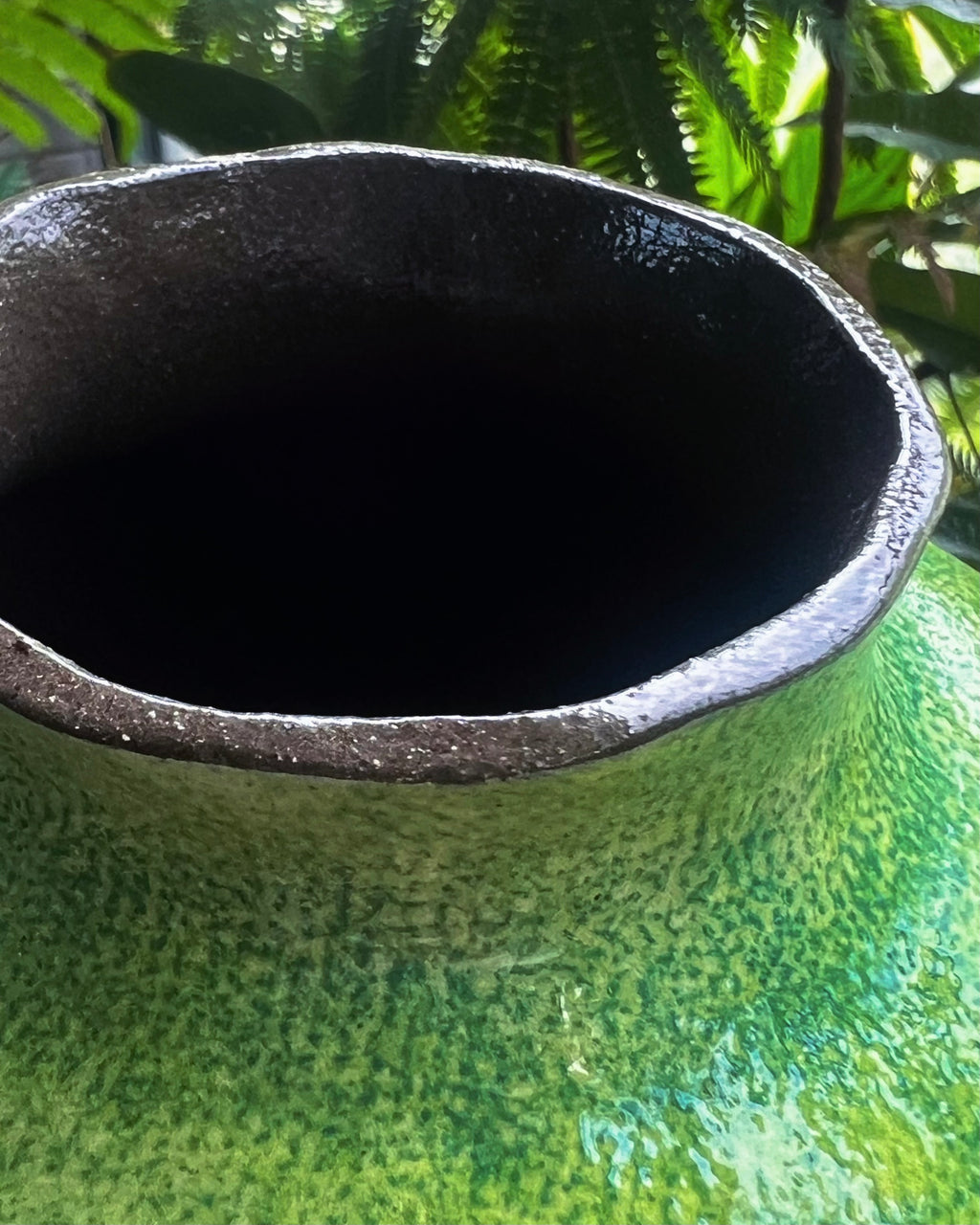 Ceramic vase with fully glazed interior for easy cleanup, textured green glaze, hand formed rustic vessel for flower arranging