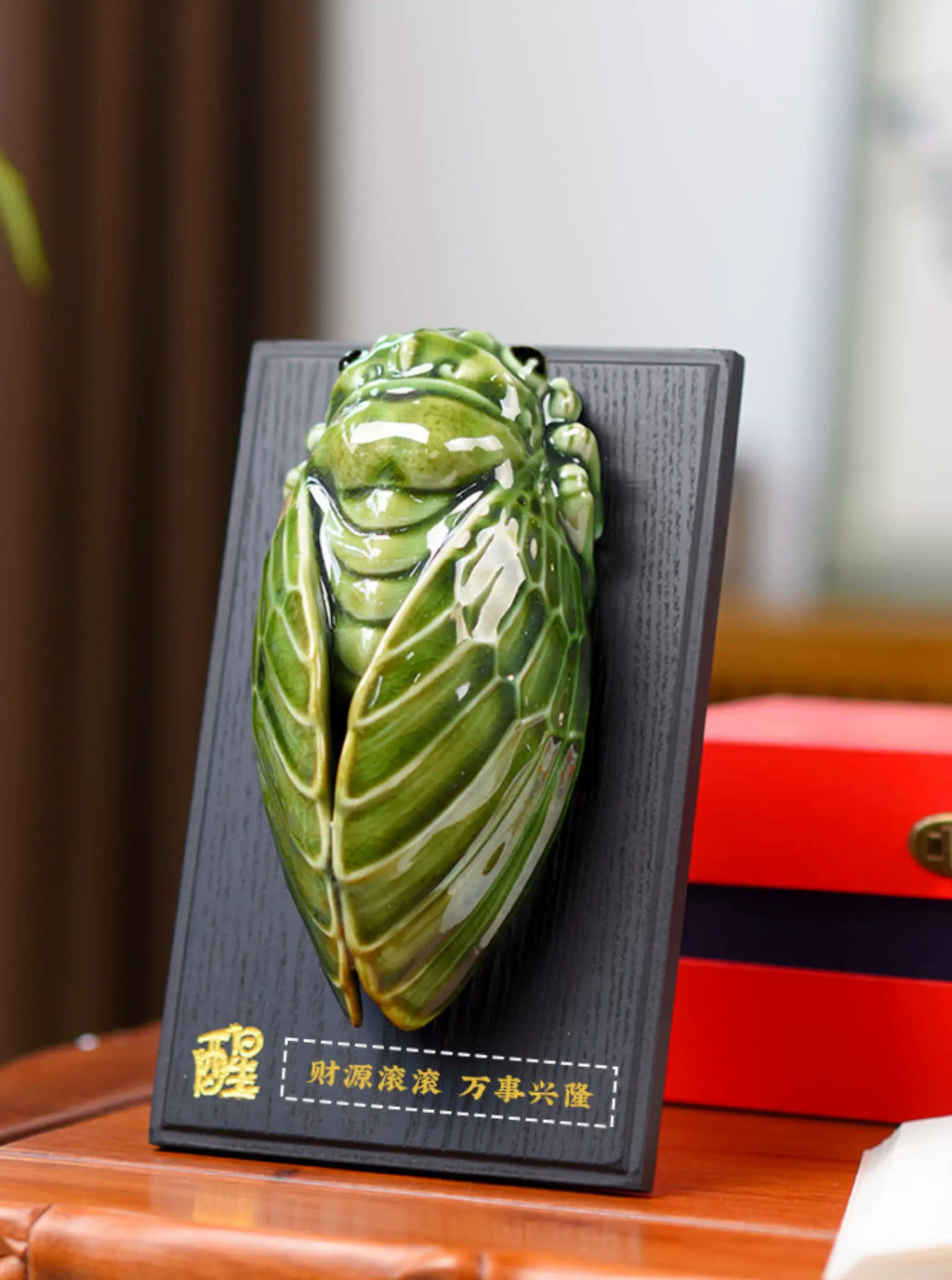 Glossy green glaze cicada pottery statue, dual-use tabletop and wall hanging home decor