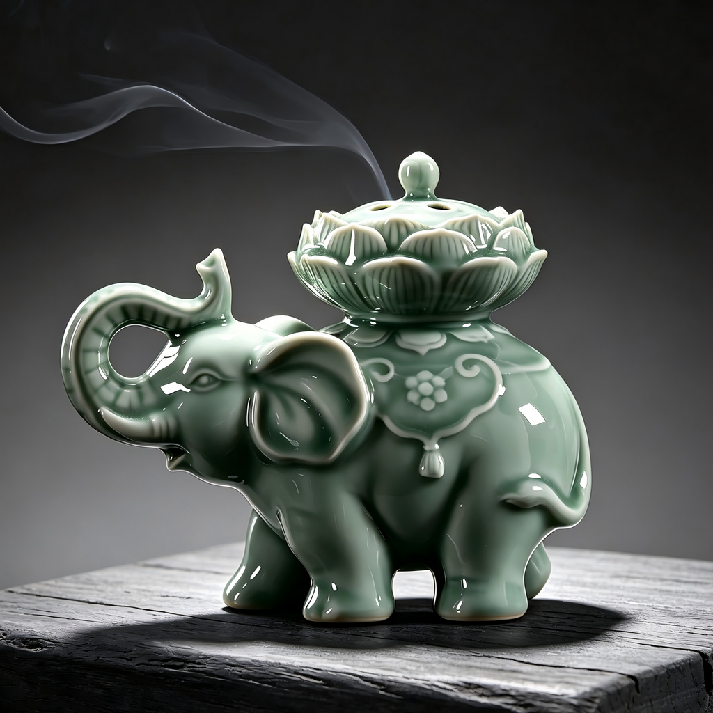 Green glaze ceramic elephant incense censer with carved lotus lid, traditional oriental art vessel for coil incense, tea room and meditation decor