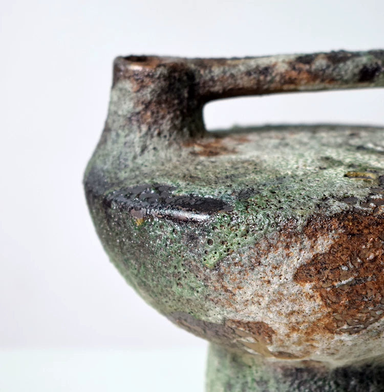 Green rust textured ceramic vase with handle, handmade wabi sabi pottery for home soft furnishing