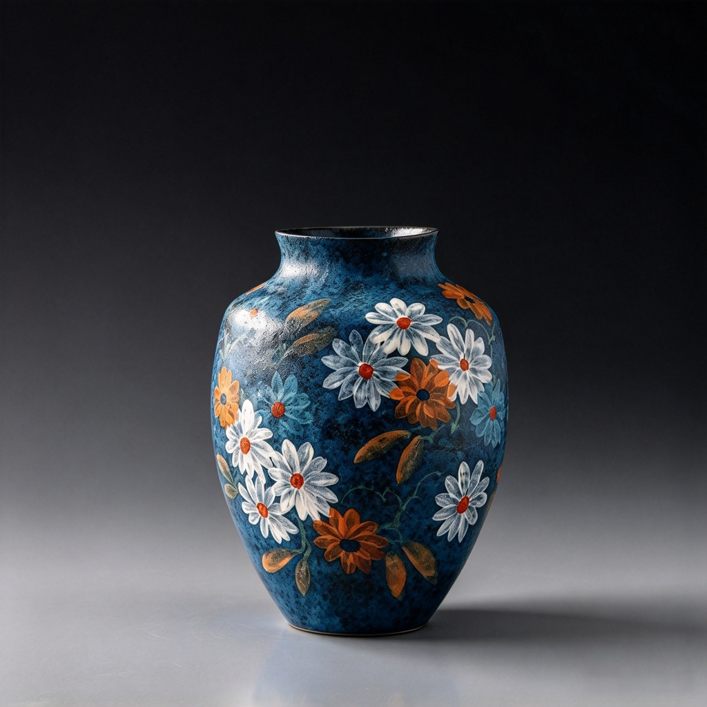 Jingdezhen original hand thrown natural clay vase with hand painted daisy pattern on deep blue surface, home decorative pottery