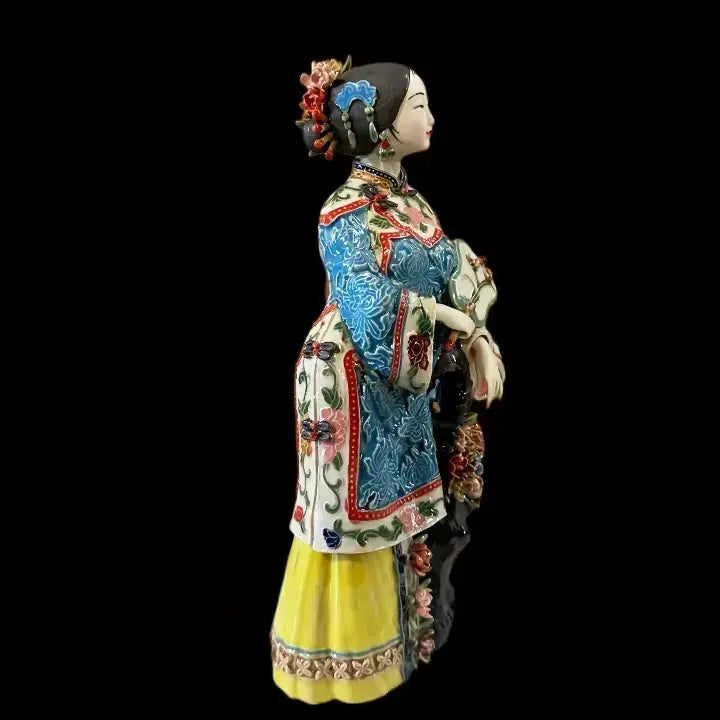 Fully hand-sculpted Shiwan ceramic lady figurine with natural vivid facial expression