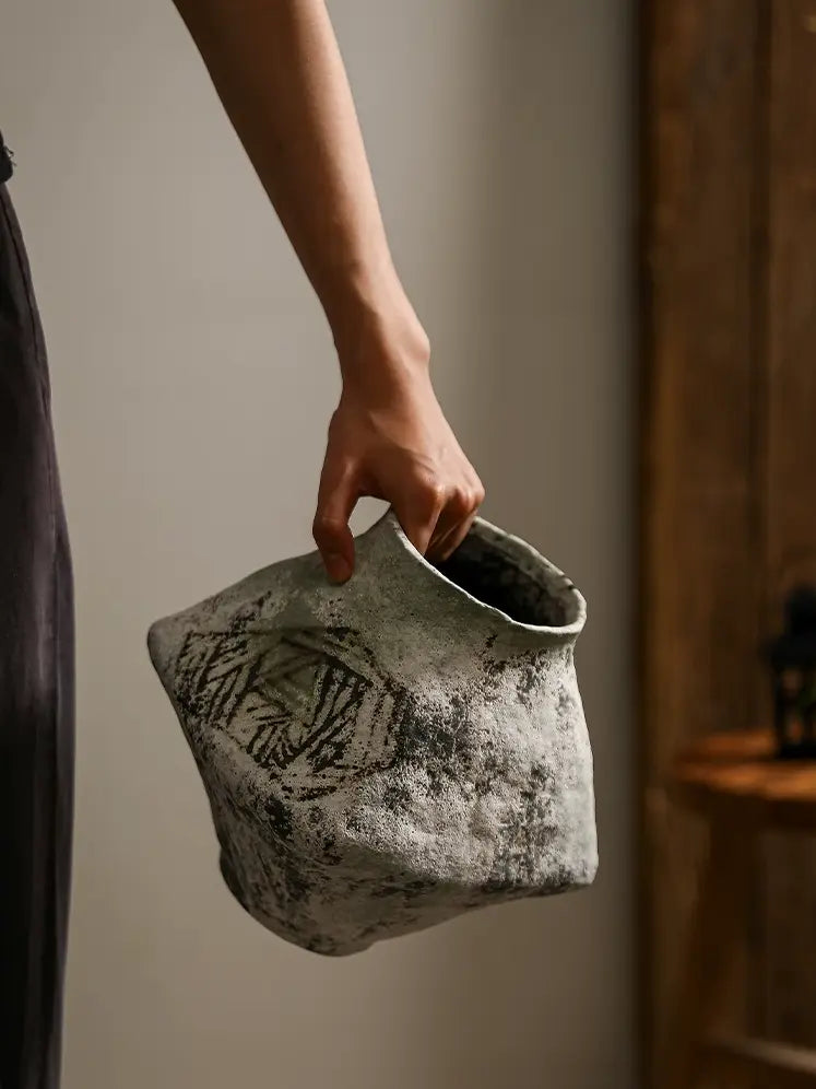 Hand thrown raw clay ceramic vase, unique irregular form, minimalist wabi sabi interior ornament