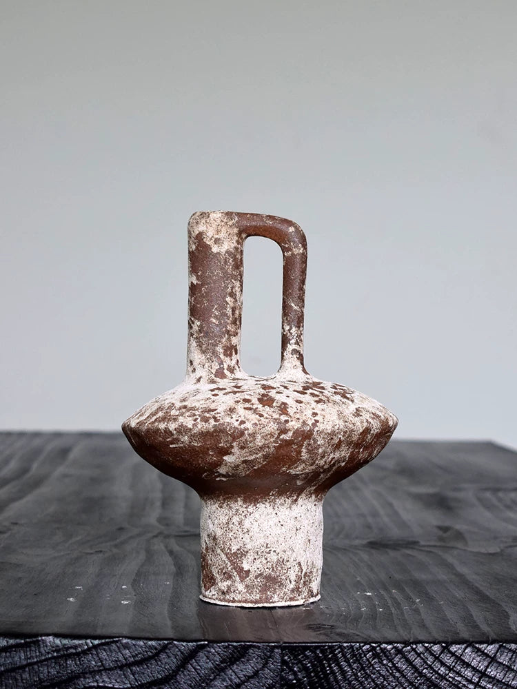 Tabletop ceramic pottery ornament with hollow handle, dual use as flower vase and decorative art piece