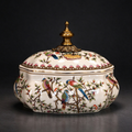 Handmade kaolin clay ceramic storage jar with colorful bird floral painting and vintage metal finial, multi-purpose for jewelry, candy and tea storage