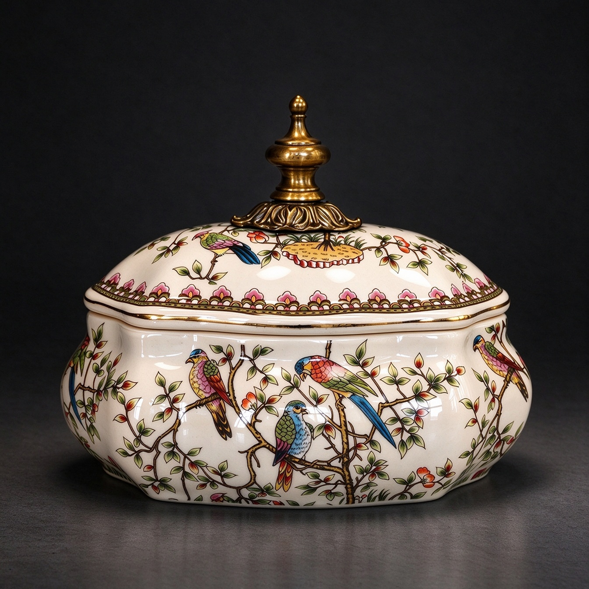 Handmade kaolin clay ceramic storage jar with colorful bird floral painting and vintage metal finial, multi-purpose for jewelry, candy and tea storage
