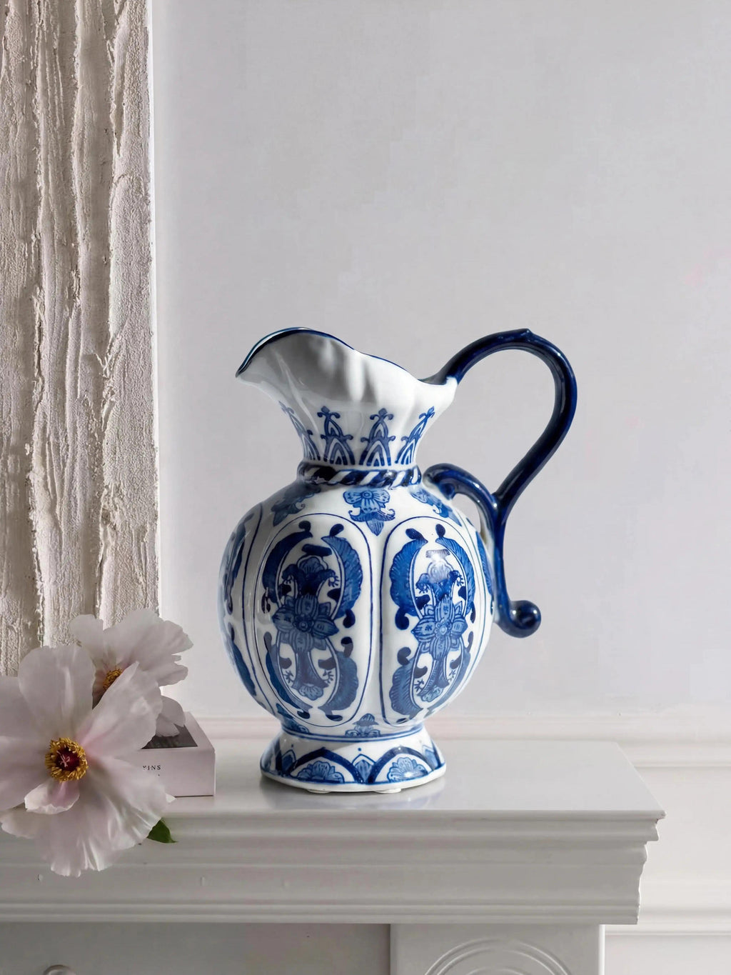 Hand painted blue and white floral porcelain jug vase, elegant ceramic decor for study, office and console table display