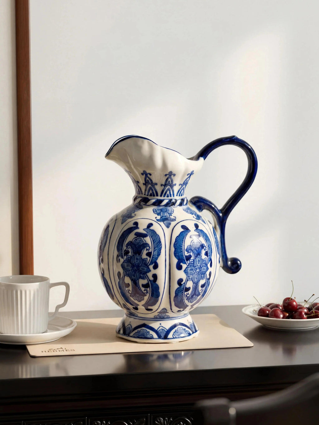 Traditional oriental blue and white porcelain jug vase with intricate floral painting, exquisite decor for display cabinet and shelf