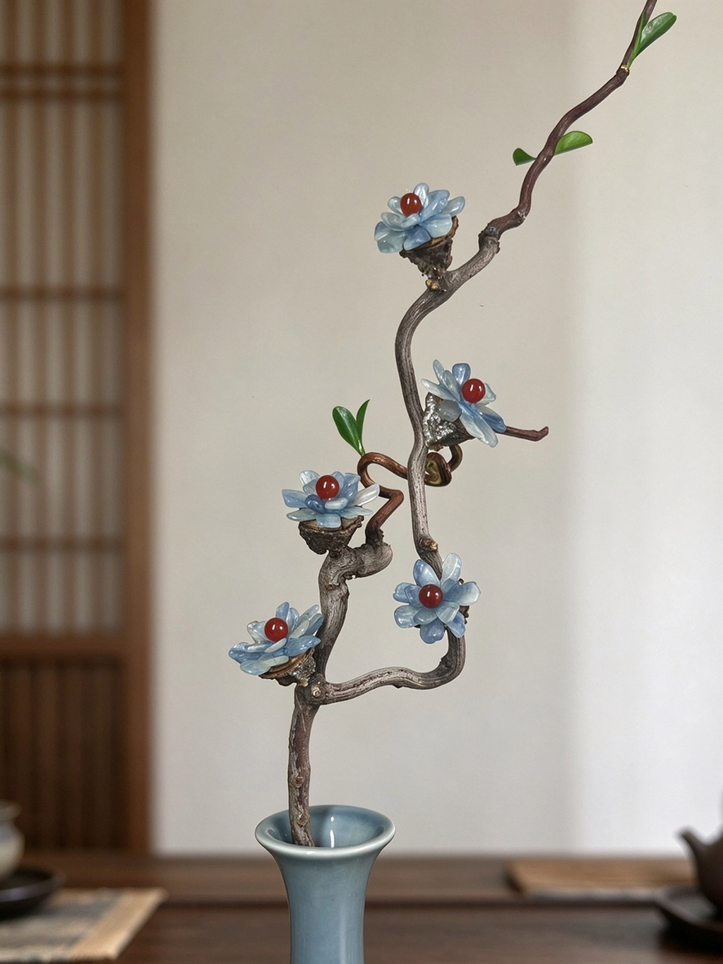 Minimalist oriental home decor blue melon porcelain vase, high fired kaolin with resin twisted branch and stone flowers