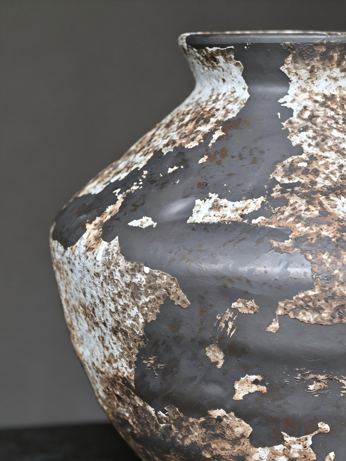 Overhead view of rustic handcrafted ceramic jar, weathered patchy glaze, unique artisanal pottery for home decor
