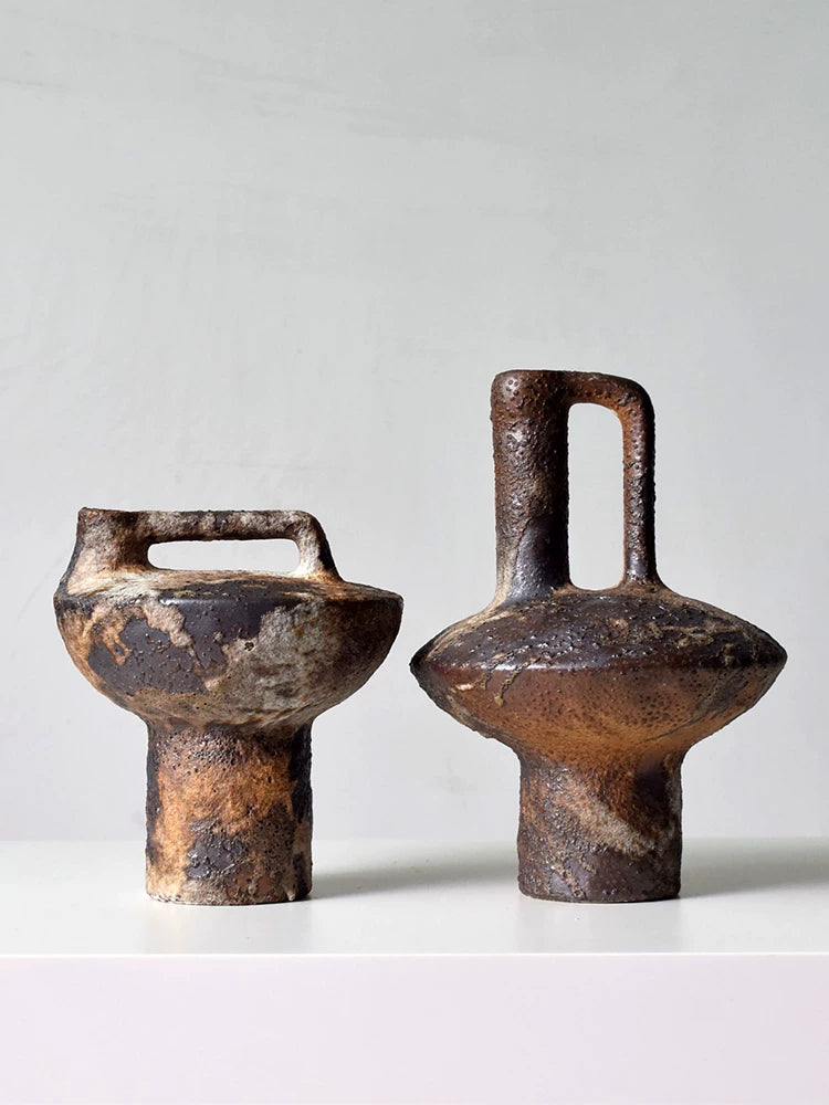 handmade zen ceramic vases with handle, rustic pottery flower container for living room
