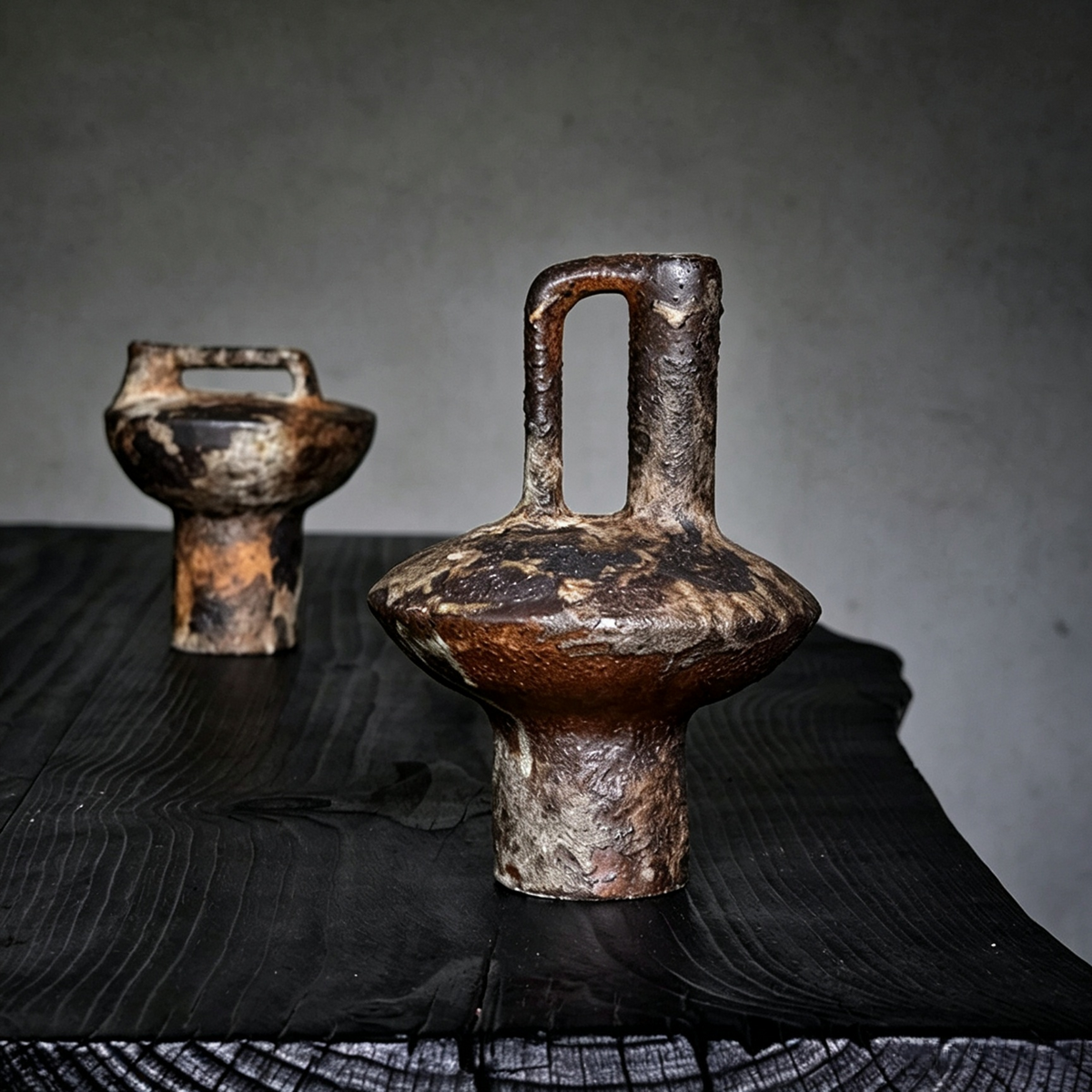Wabi sabi rough pottery vase with hollow handle, retro ceramic decorative vessel for home decor