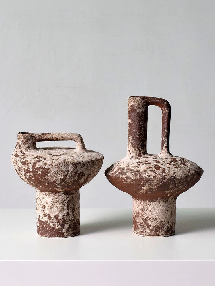 Japanese rustic ceramic vases with textured surface for interior display
