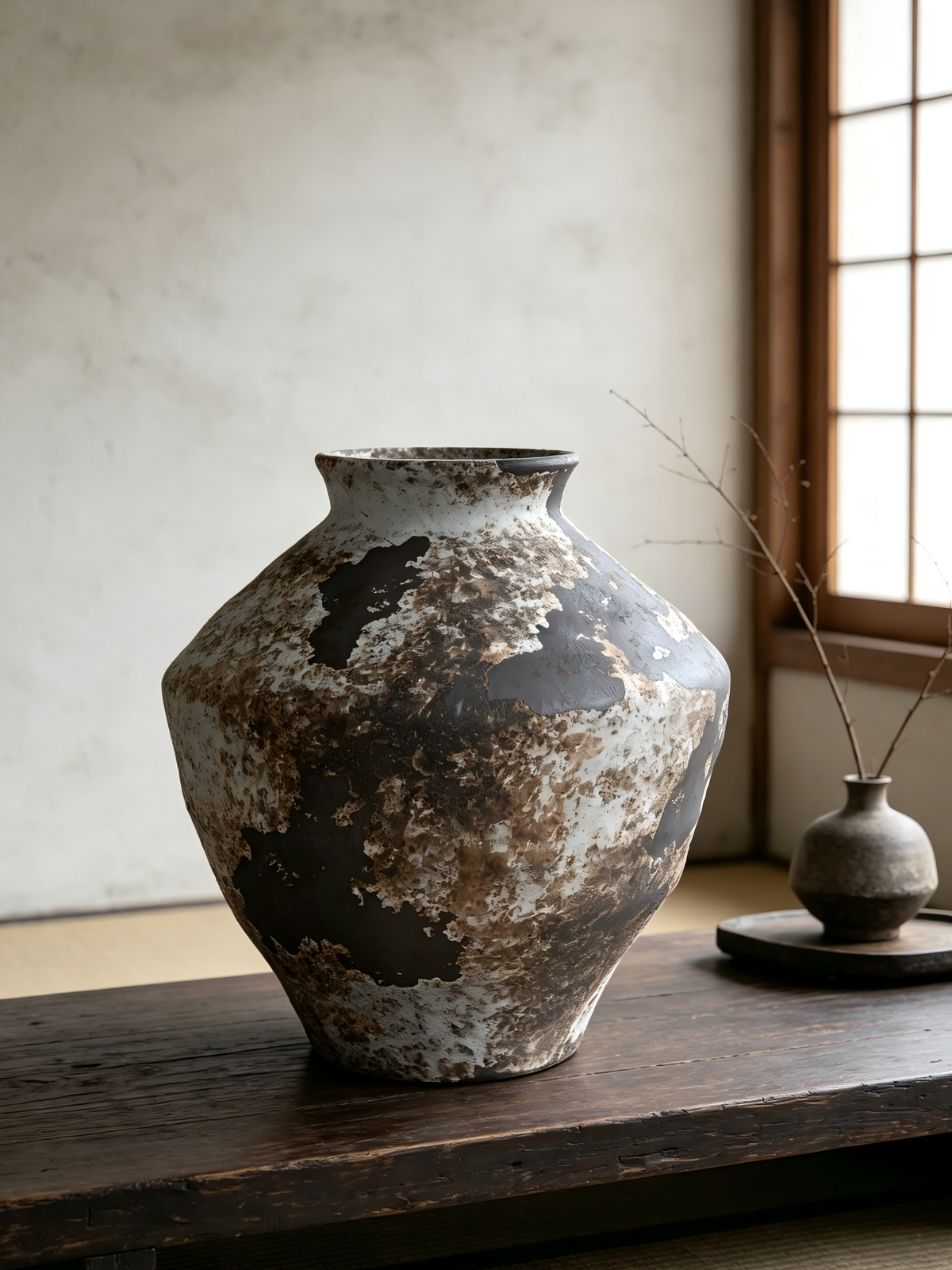 Top-down photo of textured wabi-sabi pottery vase, dark clay body with faded white and rust speckled patina