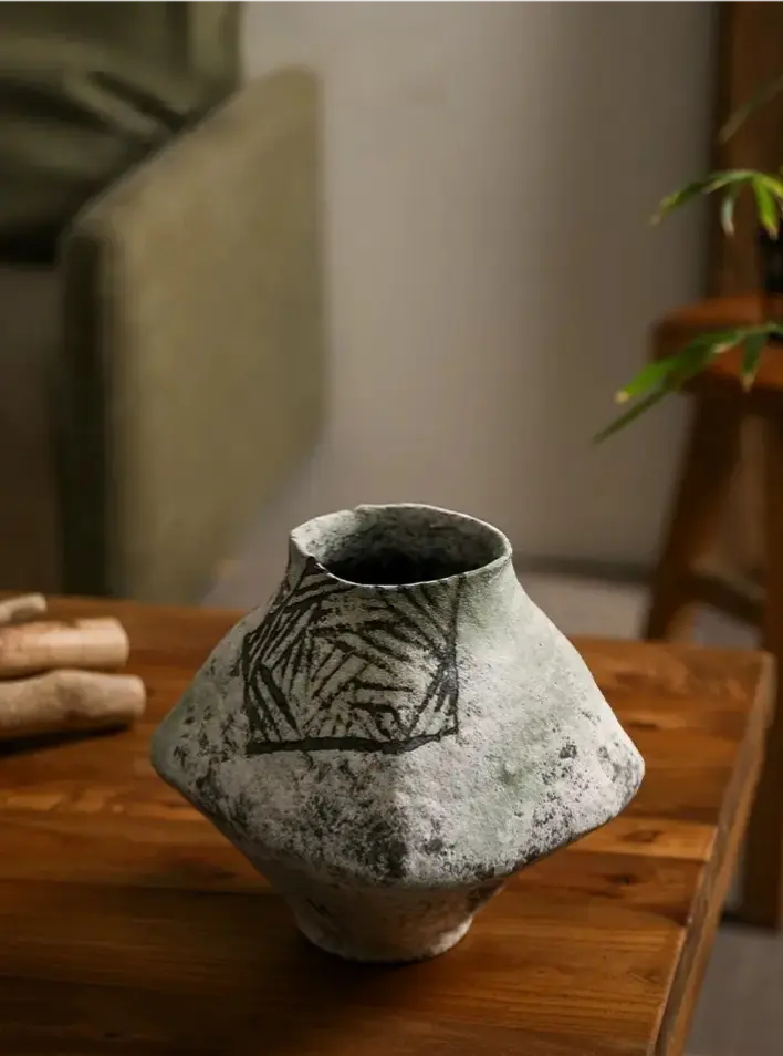 Artisan made coarse pottery vase from Jingdezhen, unique organic form, wabi sabi home accent