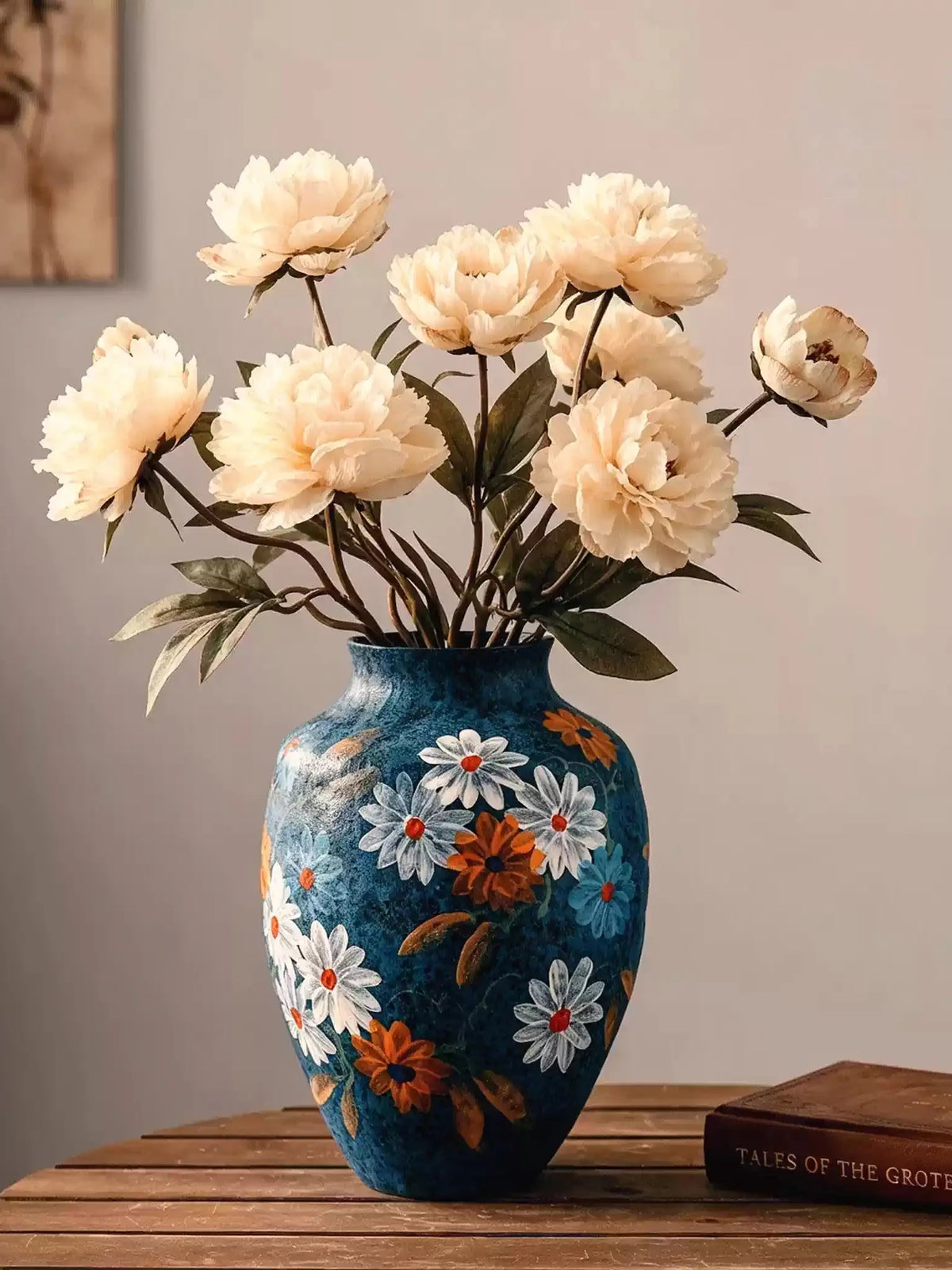 Artistic hand thrown clay flower vessel from Jingdezhen, hand painted daisy design for interior styling