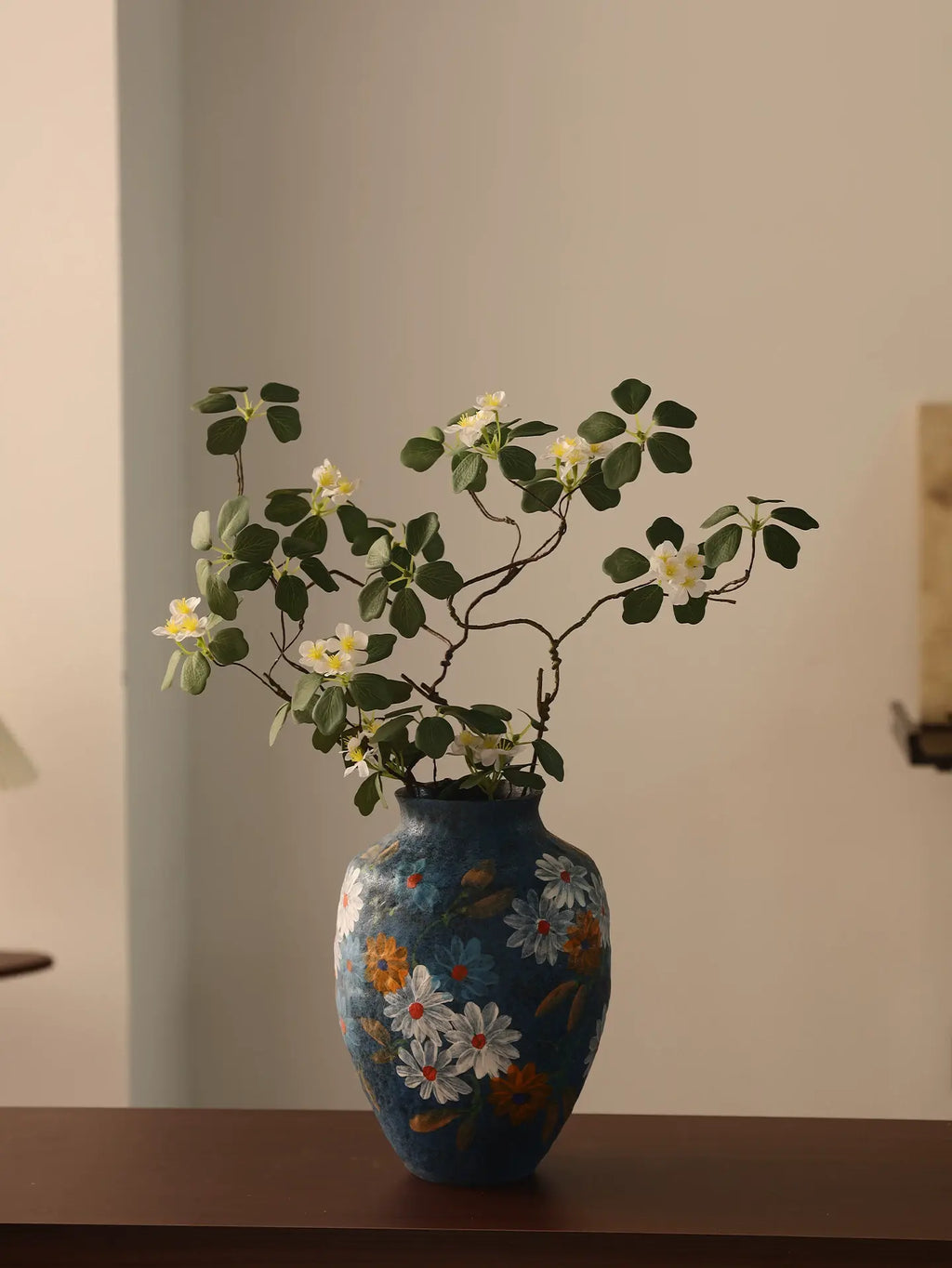 Original Jingdezhen hand thrown pottery vase decorated with hand painted white and orange daisies