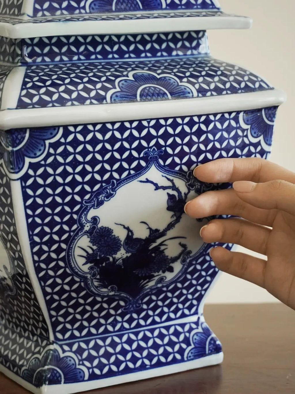 Handmade Jingdezhen blue and white porcelain lidded jar, kaolin clay made, traditional Chinese window bird flower pattern, Song style oriental home decor