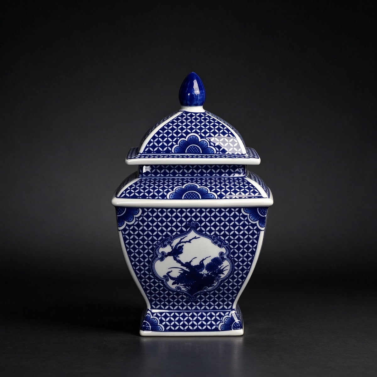 Handmade Jingdezhen blue and white porcelain lidded jar, underglaze traditional Chinese window floral bird pattern, oriental home decor
