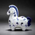 Hand painted ceramic horse figurine with elegant swirling blue patterns, glossy glazed tabletop ornament symbolizing vitality and good fortune