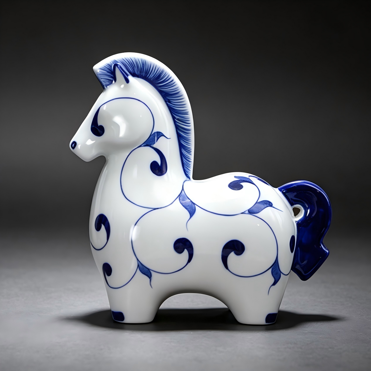 Hand painted ceramic horse figurine with elegant swirling blue patterns, glossy glazed tabletop ornament symbolizing vitality and good fortune