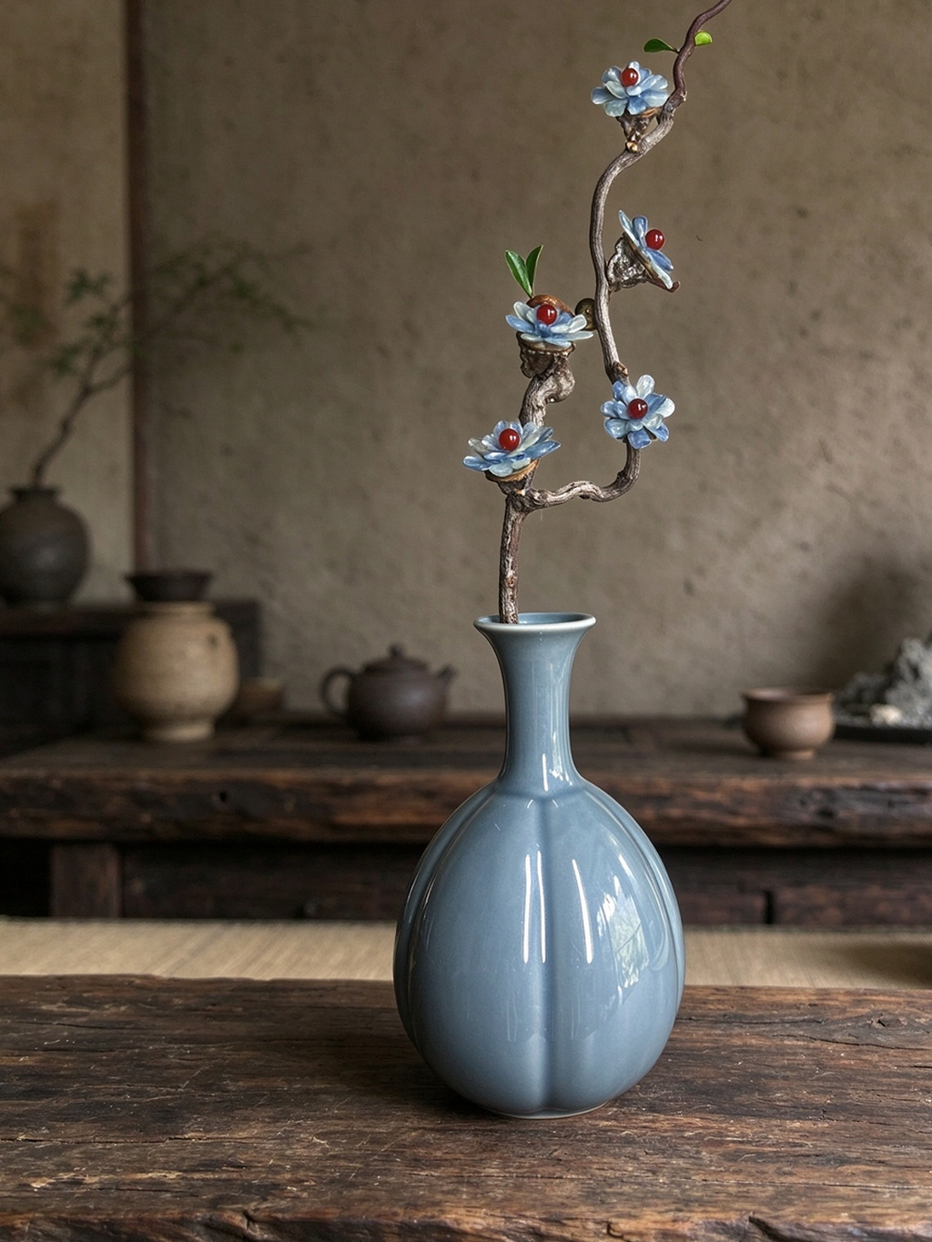 Jingdezhen handmade blue glaze melon vase, natural stone inlaid flower branch, ornament for entryway and living room