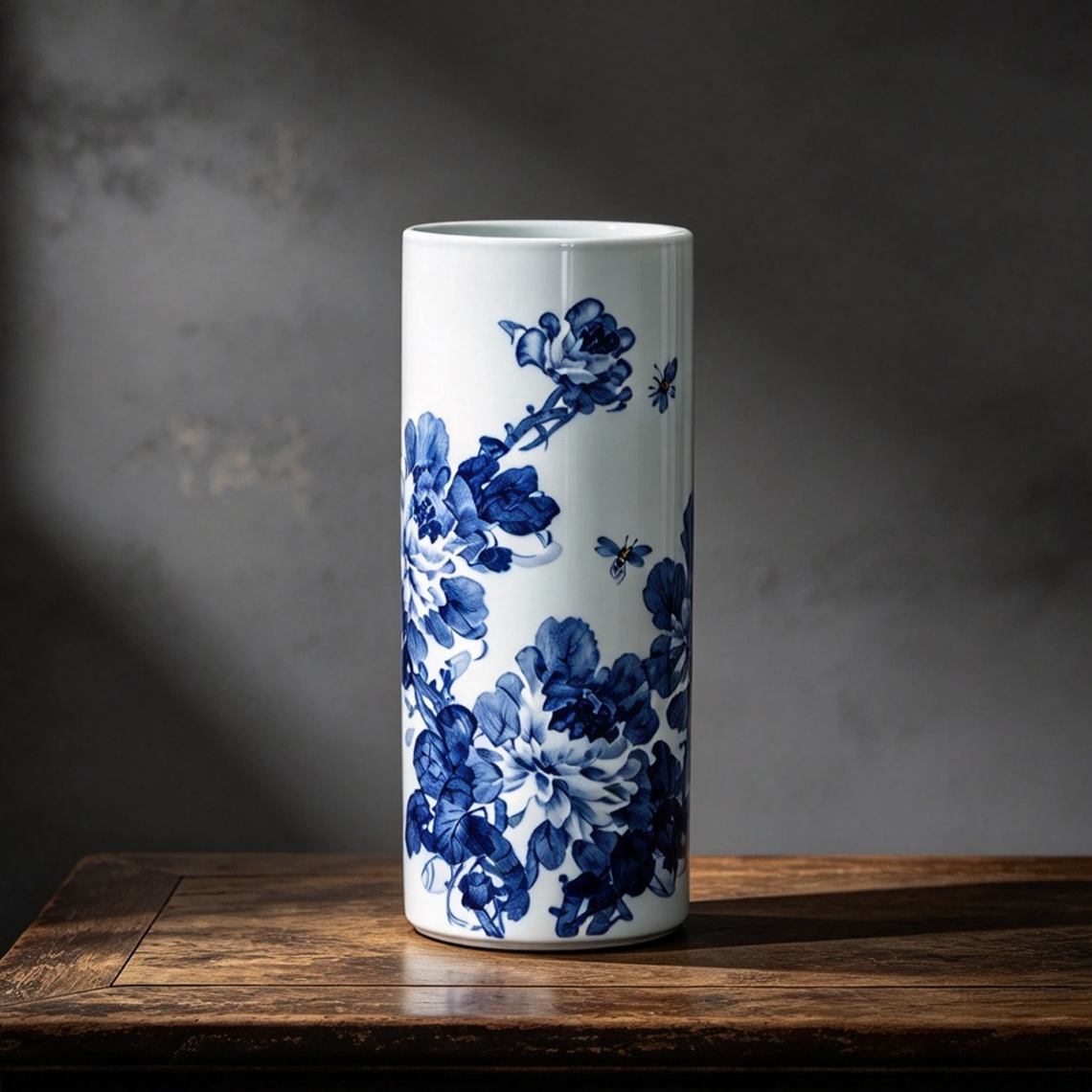 Hand painted Jingdezhen blue and white cylindrical porcelain vase, underglaze blue lotus decor for oriental home
