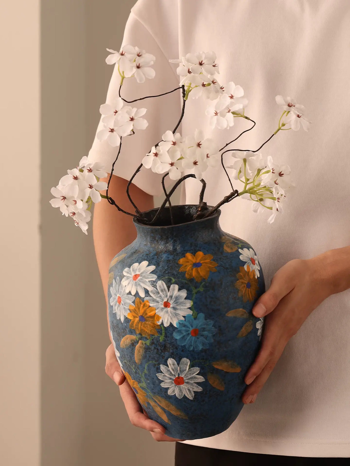 Original Jingdezhen hand thrown clay vase, deep blue glaze with hand painted daisy flowers for interior home styling