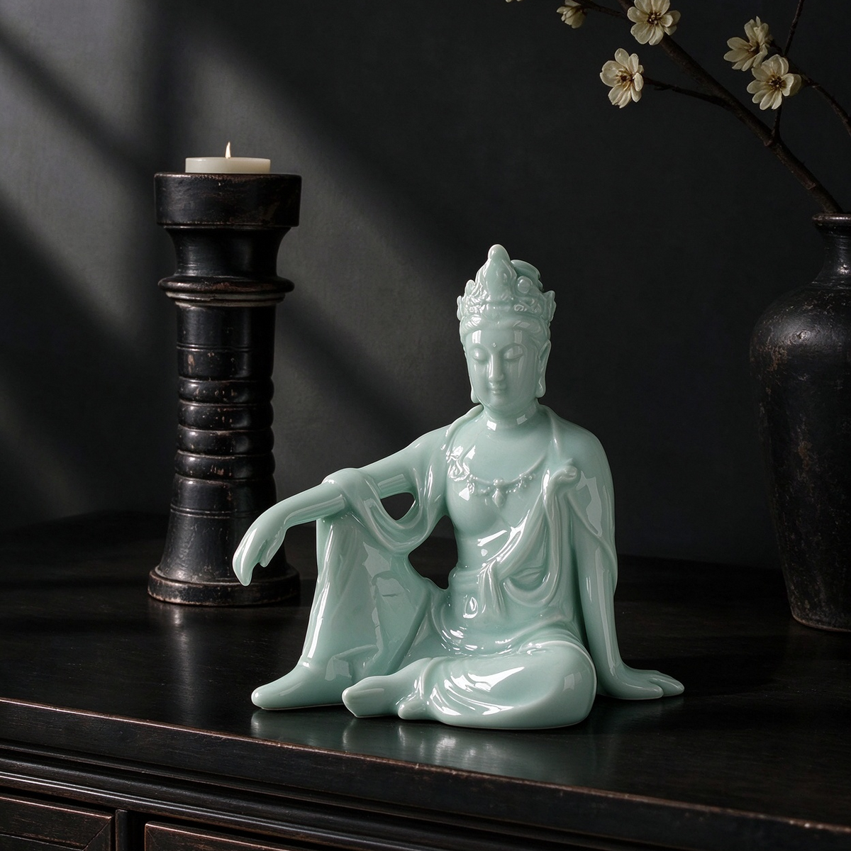 Handmade Jingdezhen Reclining Guanyin ceramic statue crafted from kaolin clay, serene oriental art for tea room and home worship