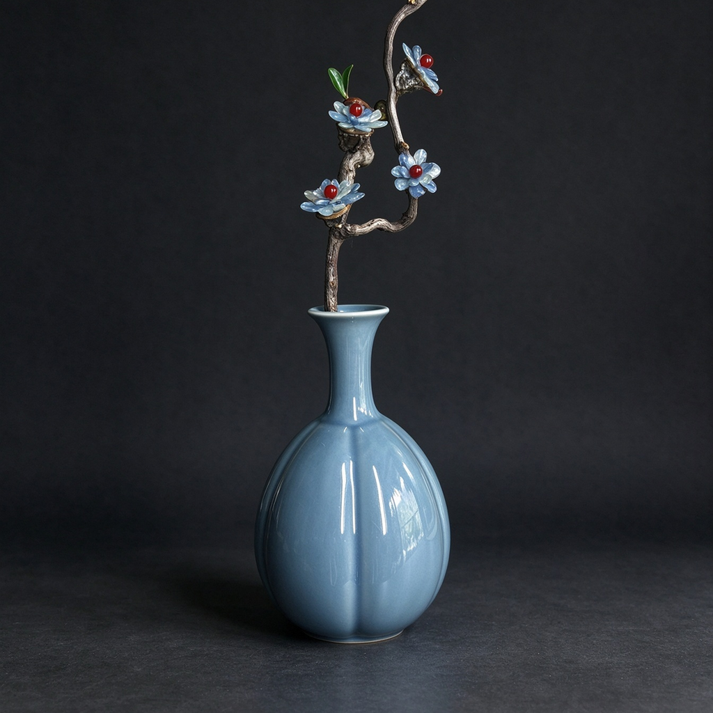 Handmade Jingdezhen antique blue glaze melon porcelain vase, Song dynasty minimalist style with resin branch and natural stone flower decor