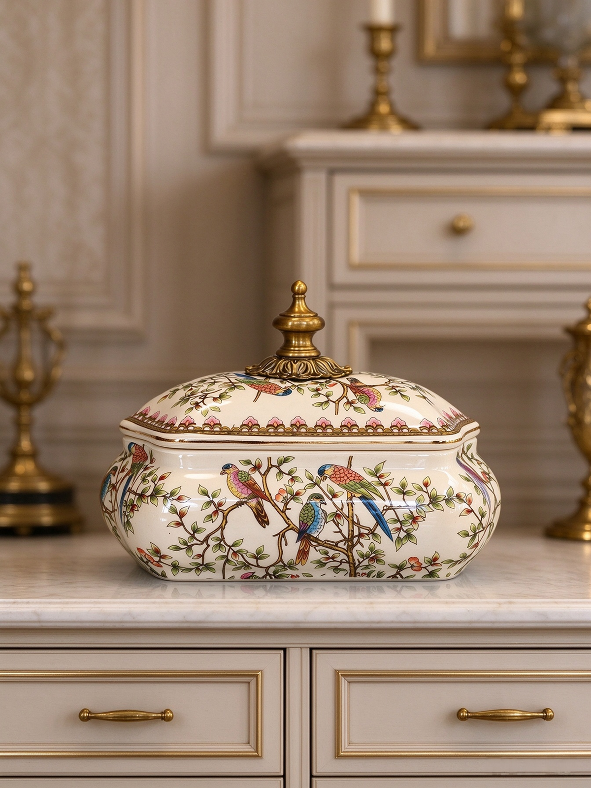 High temperature fired kaolin clay storage box, hand painted bird blossom design with ornate metal finial