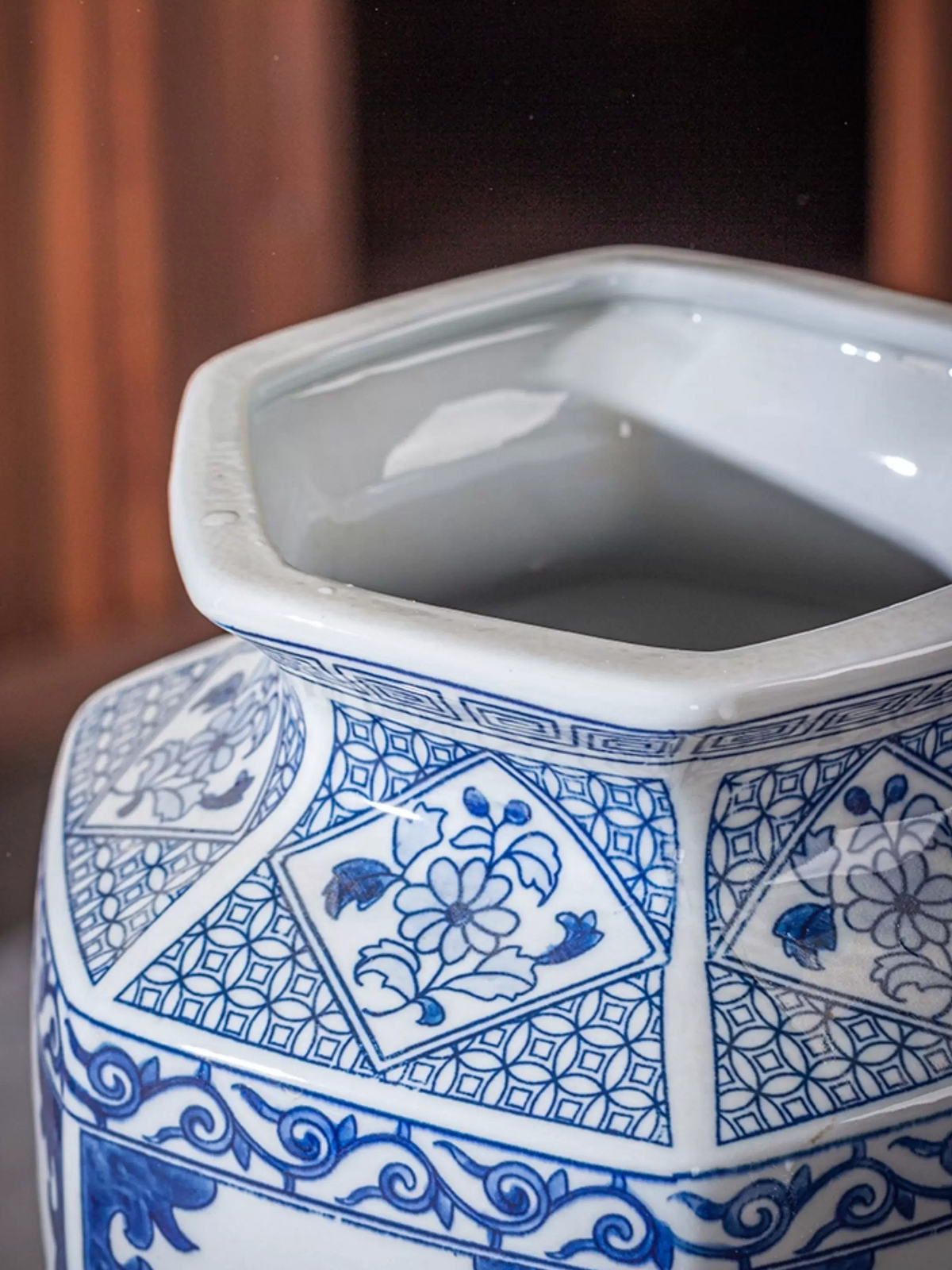Hand painted Jingdezhen porcelain blue and white vase with floral scroll patterns, artistic ceramic decor for tea space and meditation room