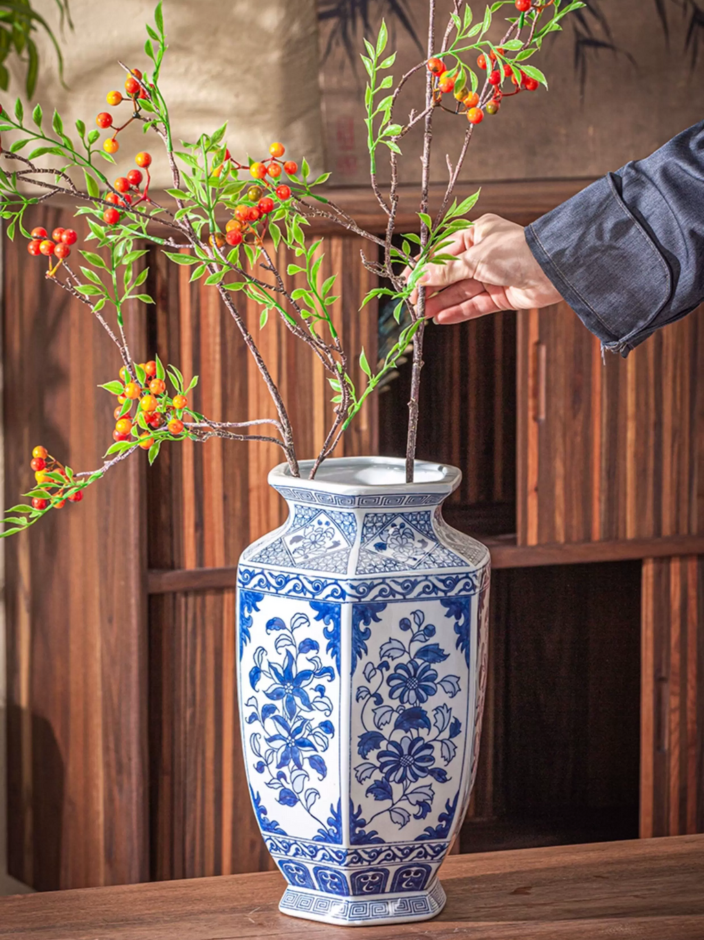 Collectible Chinese blue and white porcelain vase, hand-drawn multi-panel flower design, oriental craft treasure for ceramic art lovers