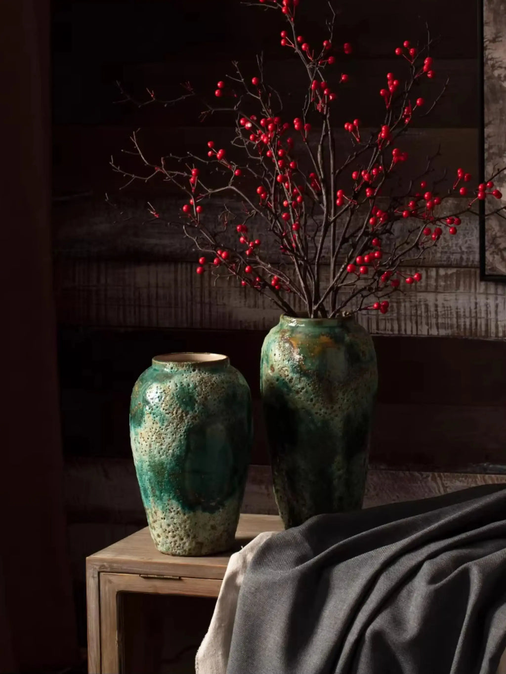 Large wabi sabi green textured ceramic vase, ideal for floor or tabletop home decor