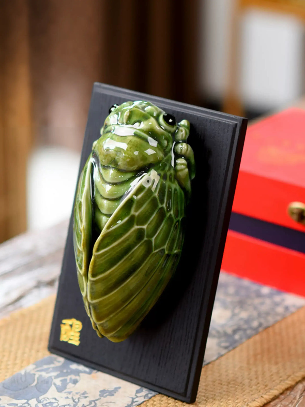 Lifelike cicada ceramic ornament with detailed wing texture, oriental style interior decor