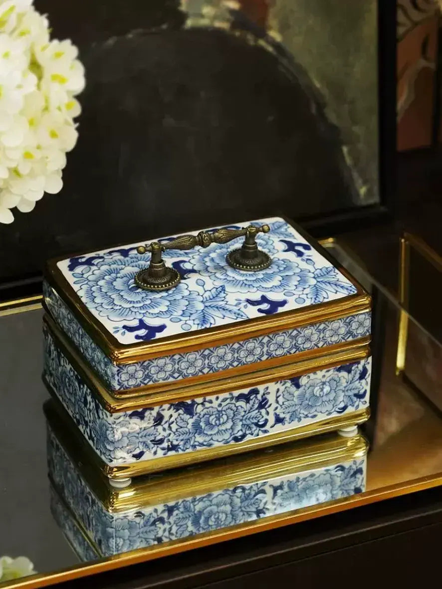 Luxury classical blue and white porcelain jewelry box for dressing table, keep rings earrings and serve as interior decor