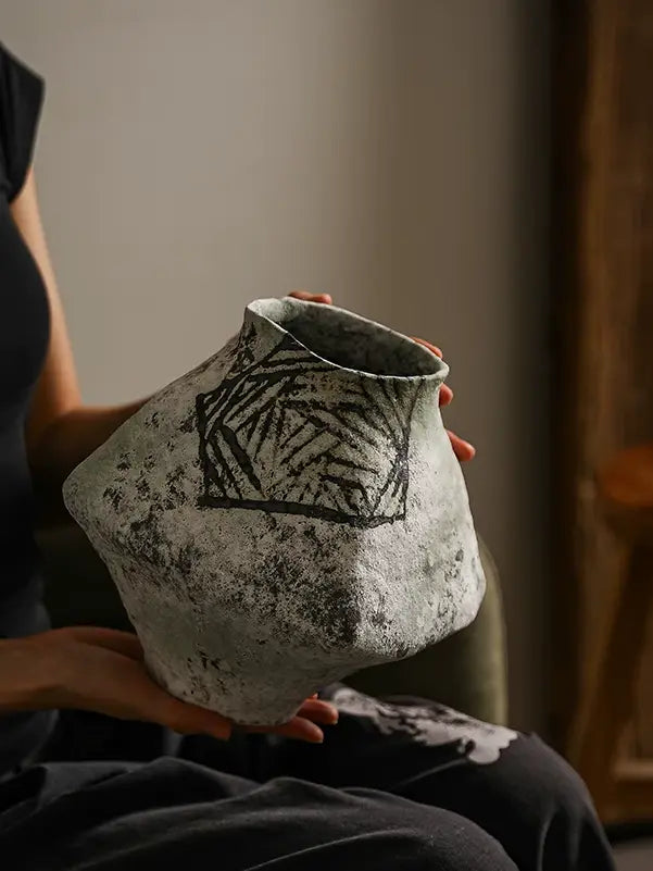 Minimalist art pottery vase handcrafted in Jingdezhen, organic irregular silhouette, rustic decor