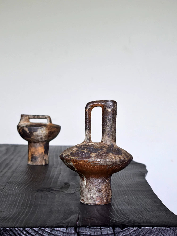 Minimalist sculpture Japanese ceramic vase with hollow handle, handmade rough pottery for Japandi home decor