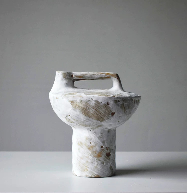 Sculptural handmade pottery vase with hollow handle, minimalist ceramic ornament for display shelf