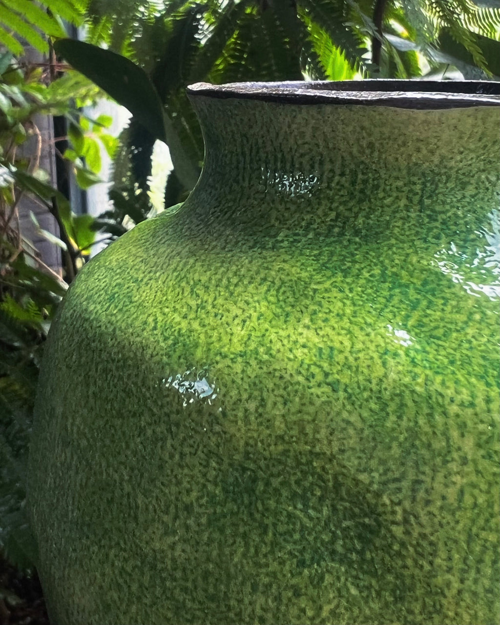 Minimalist stoneware vase for tea table appreciation, mottled green glaze, hand crafted unique texture for oriental interior