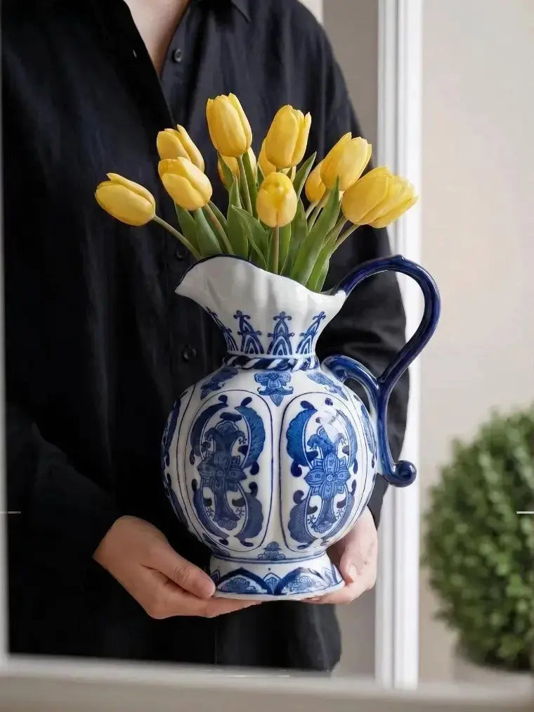 Functional blue and white porcelain pitcher vase, works as flower vessel and standalone ceramic art ornament for interior styling