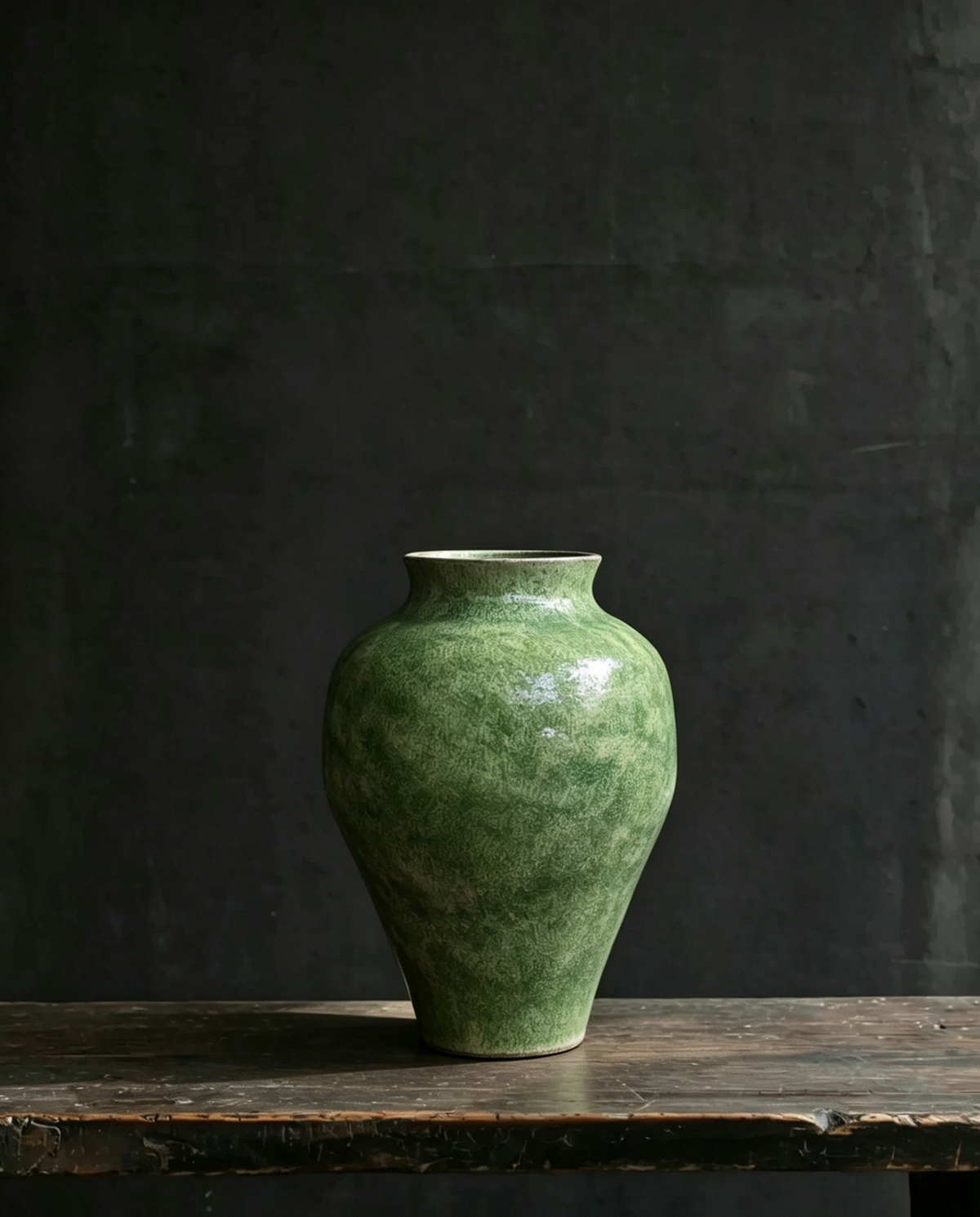 Rustic hand formed ceramic vase with green mottled glaze, suitable for fresh flowers and dried botanicals, tea room decor
