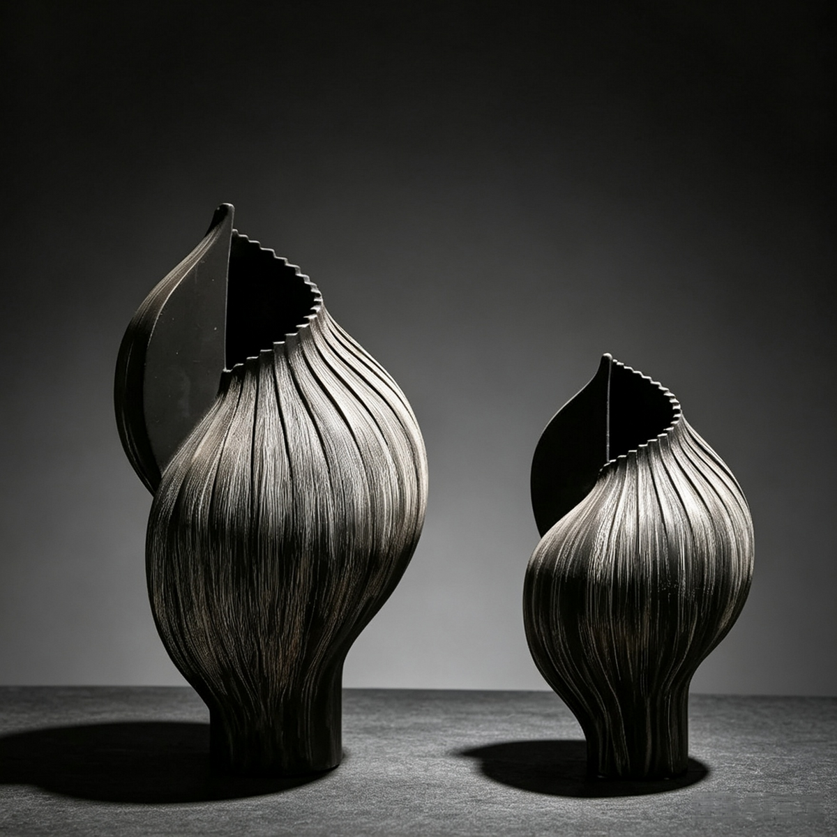 Organic sculptural ceramic vase with an asymmetrical leaf-inspired opening