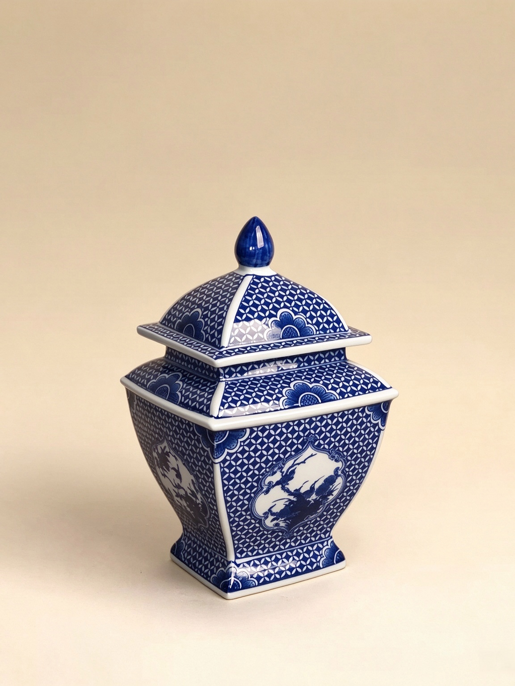 Jingdezhen handmade blue and white lidded jar, traditional Chinese window design, decorative storage jar for tea room and shelf styling