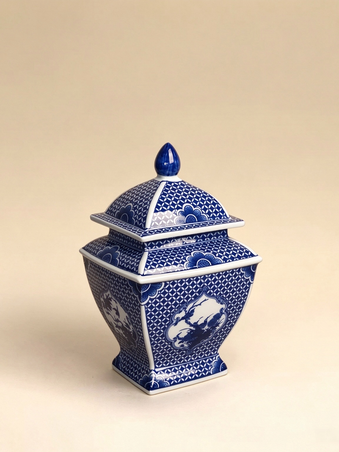 Jingdezhen handmade blue and white lidded jar, traditional Chinese window design, decorative storage jar for tea room and shelf styling