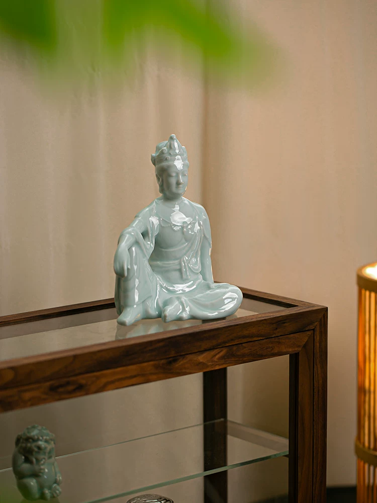 Oriental handmade Reclining Guanyin ceramic statue, tranquil decor for tea room, study and display shelf