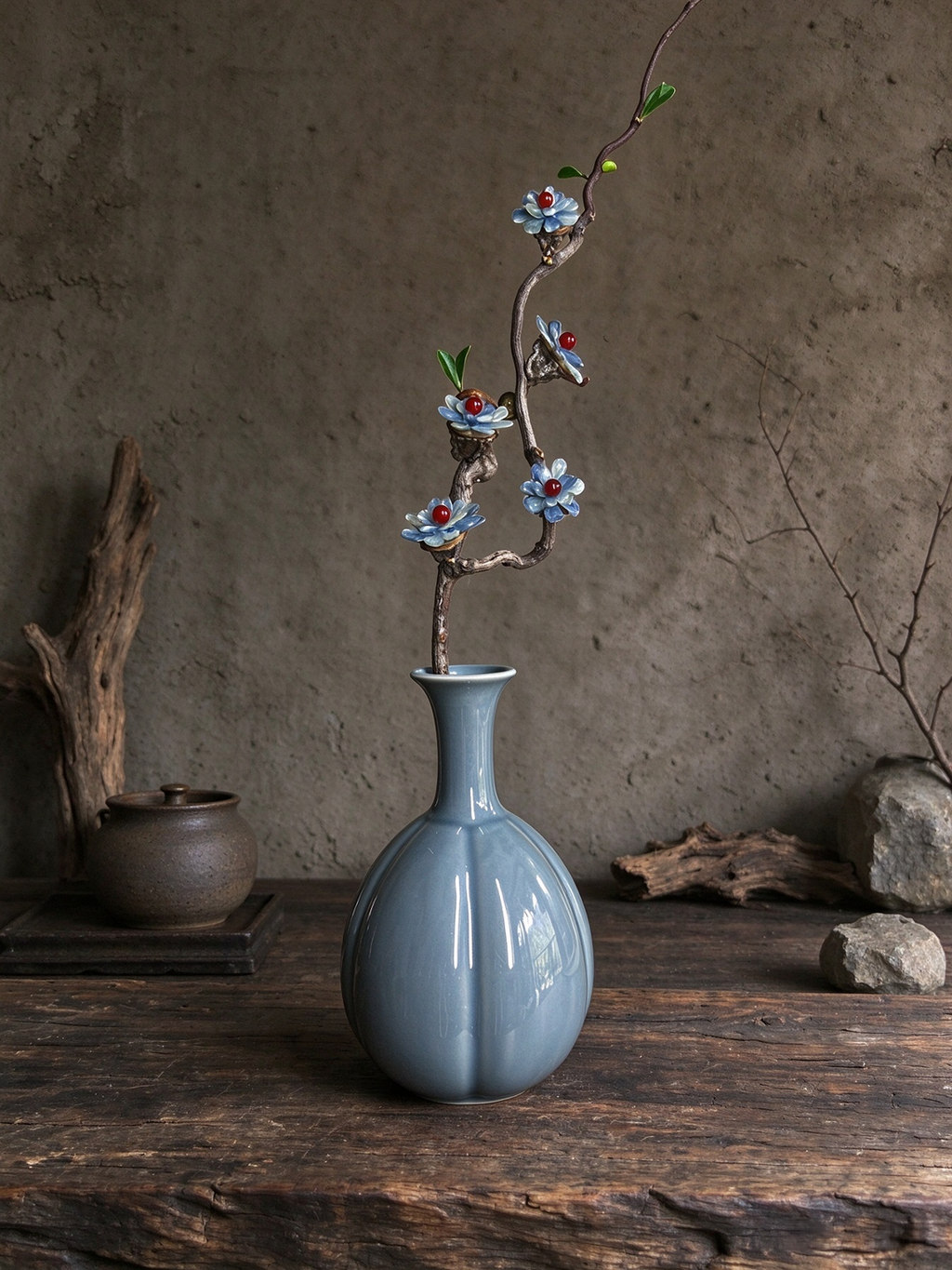 Oriental decorative blue melon vase, high-temperature kaolin porcelain with natural stone inlaid flower branch ornament