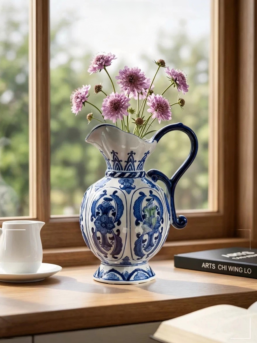 Vintage oriental blue and white ceramic jug vase with hand-drawn flower patterns, decorative tabletop ornament for living room