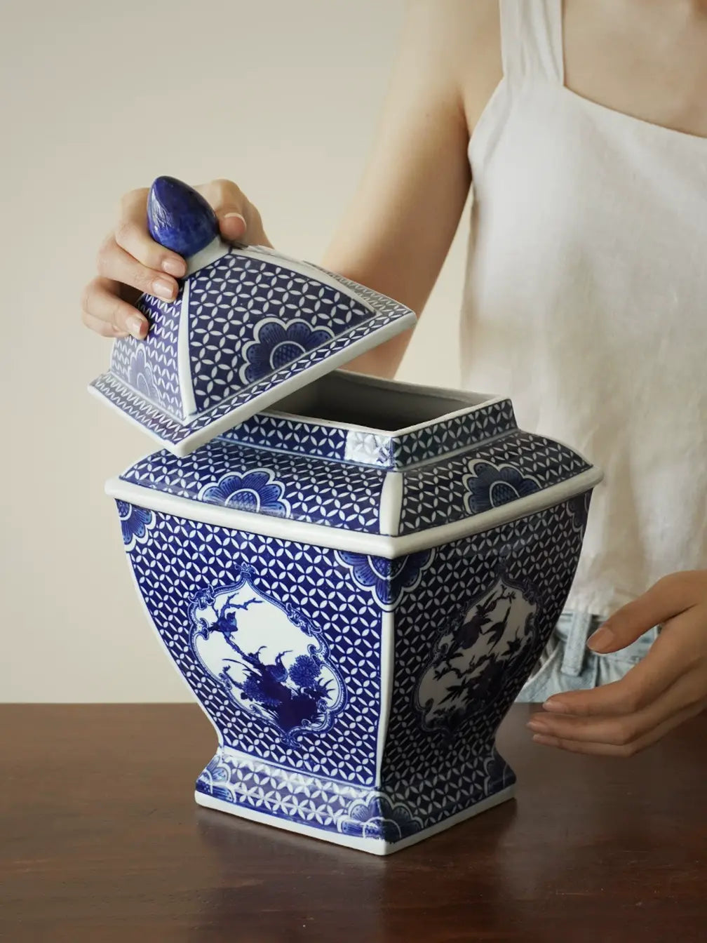 Square blue and white porcelain jar with lid, hand painted window frame bird flower design, Chinese traditional craft