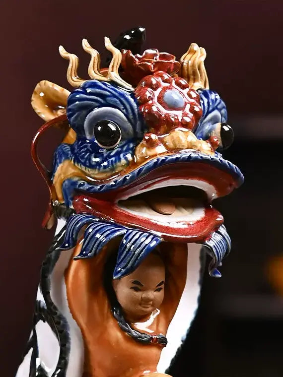 Oriental tabletop ornament, Shiwan waking lion pottery figurine, traditional Chinese festive art decor